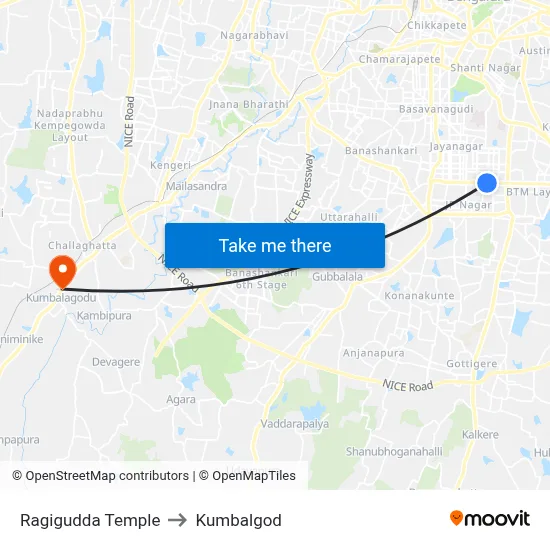 Ragigudda Temple to Kumbalgod map