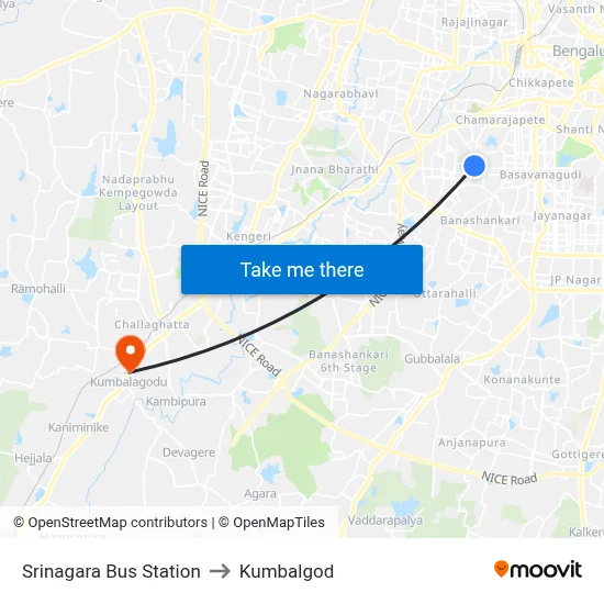 Srinagara Bus Station to Kumbalgod map