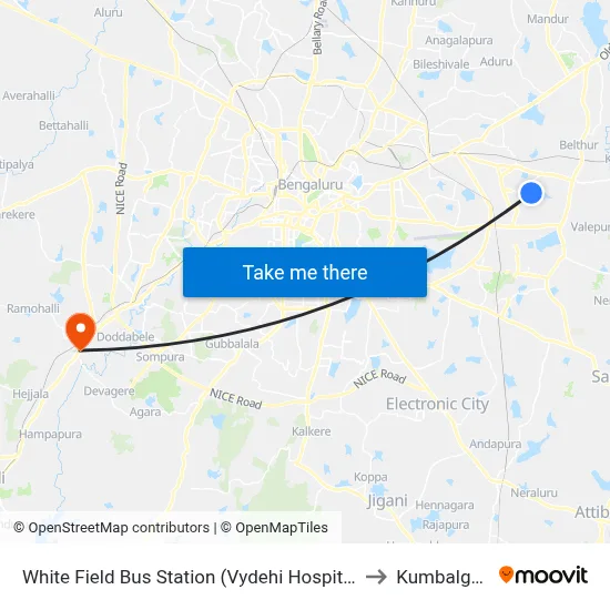 White Field Bus Station (Vydehi Hospital) to Kumbalgod map