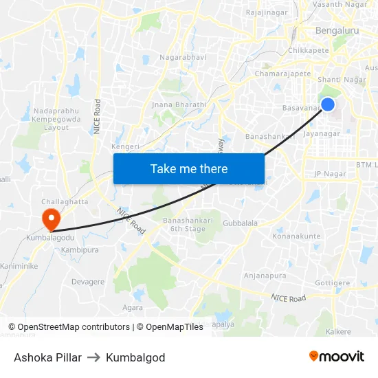 Ashoka Pillar to Kumbalgod map