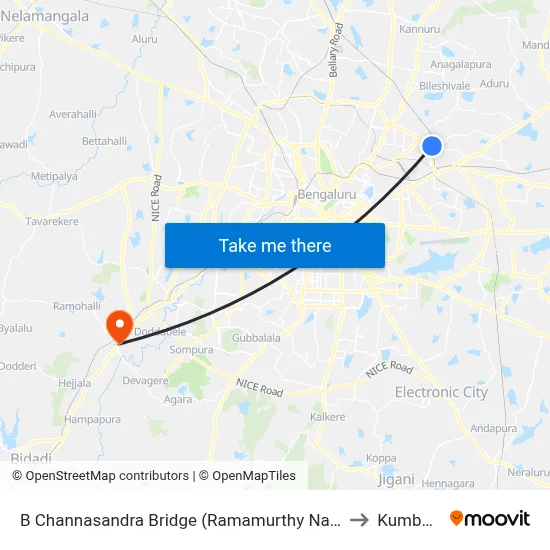 B Channasandra Bridge (Ramamurthy Nagara Ring Road) to Kumbalgod map