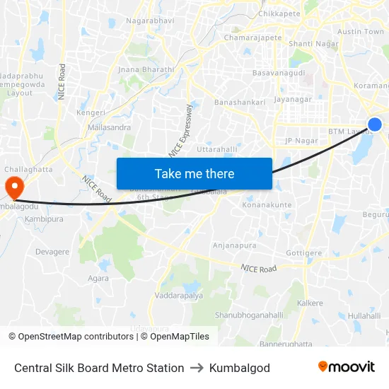Central Silk Board Metro Station to Kumbalgod map