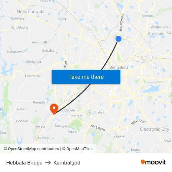 Hebbala Bridge to Kumbalgod map