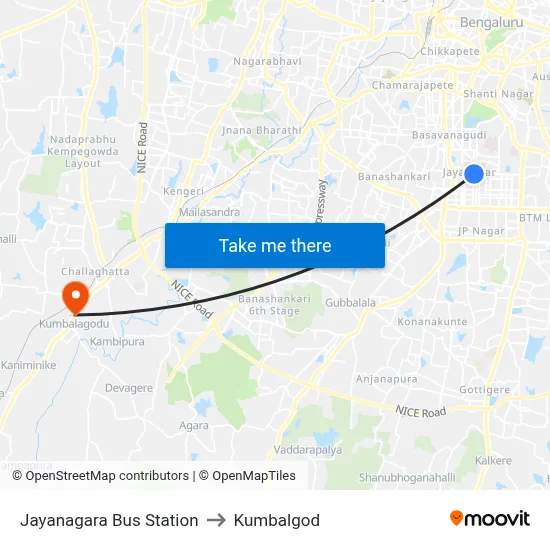 Jayanagara Bus Station to Kumbalgod map