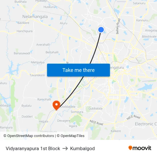 Vidyaranyapura 1st Block to Kumbalgod map