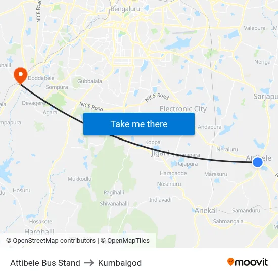 Attibele Bus Stand to Kumbalgod map