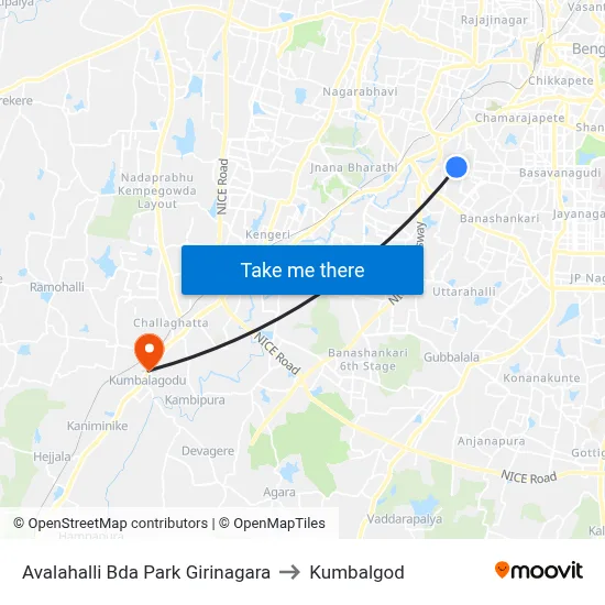 Avalahalli Bda Park Girinagara to Kumbalgod map