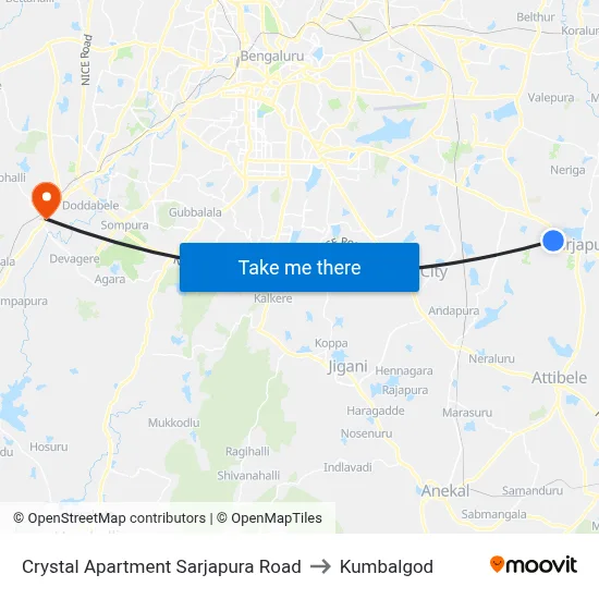 Crystal Apartment Sarjapura Road to Kumbalgod map