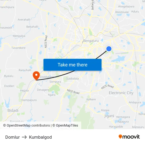 Domlur to Kumbalgod map