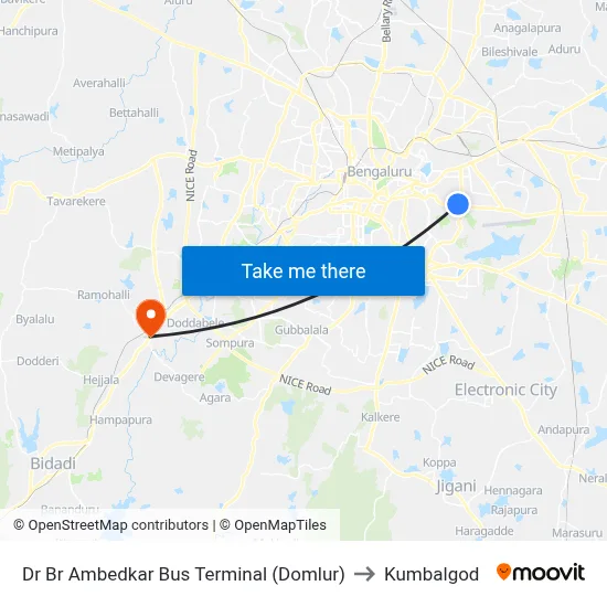 Dr Br Ambedkar Bus Terminal (Domlur) to Kumbalgod map