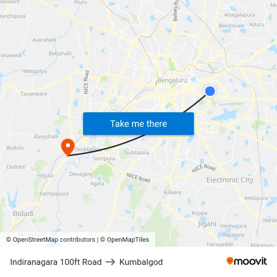 Indiranagara 100ft Road to Kumbalgod map