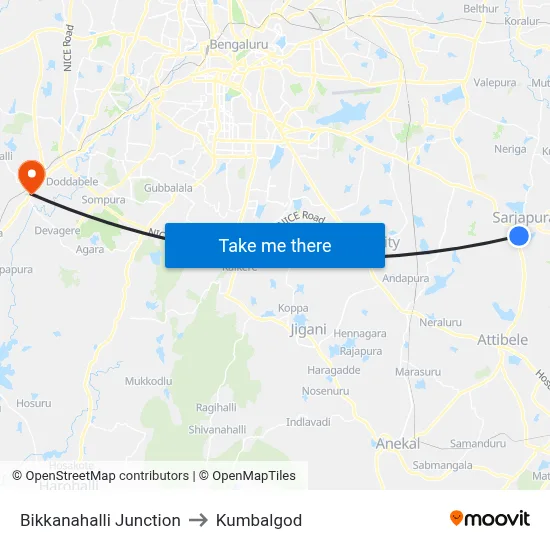 Bikkanahalli Junction to Kumbalgod map