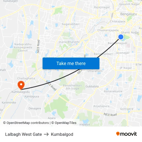 Lalbagh West Gate to Kumbalgod map