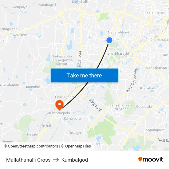 Mallathahalli Cross to Kumbalgod map