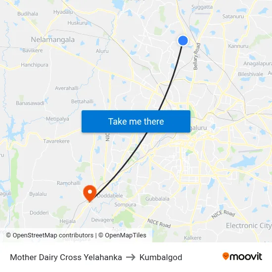 Mother Dairy Cross Yelahanka to Kumbalgod map