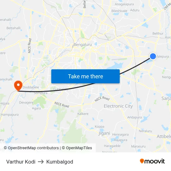 Varthur Kodi to Kumbalgod map
