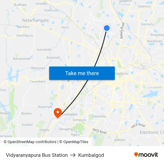 Vidyaranyapura Bus Station to Kumbalgod map
