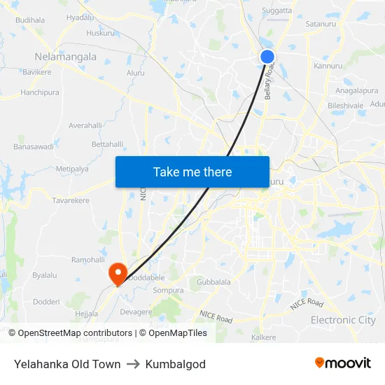Yelahanka Old Town to Kumbalgod map