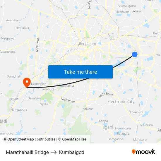 Marathahalli Bridge to Kumbalgod map