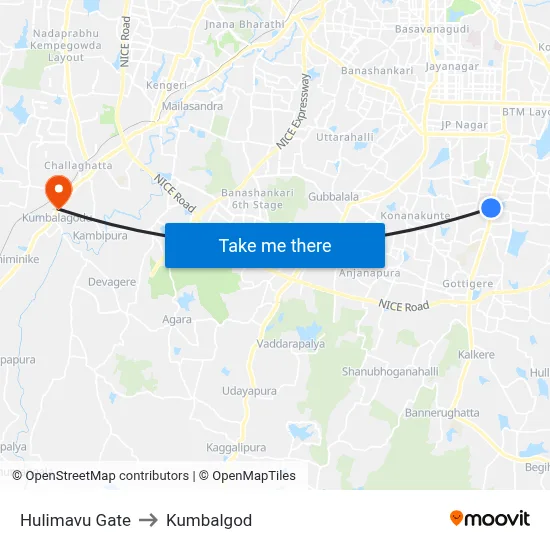 Hulimavu Gate to Kumbalgod map