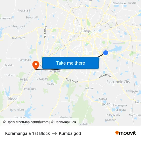 Koramangala 1st Block to Kumbalgod map