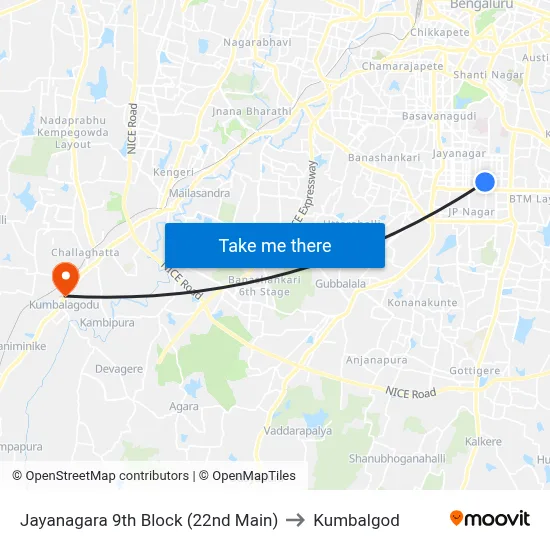 Jayanagara 9th Block (22nd Main) to Kumbalgod map