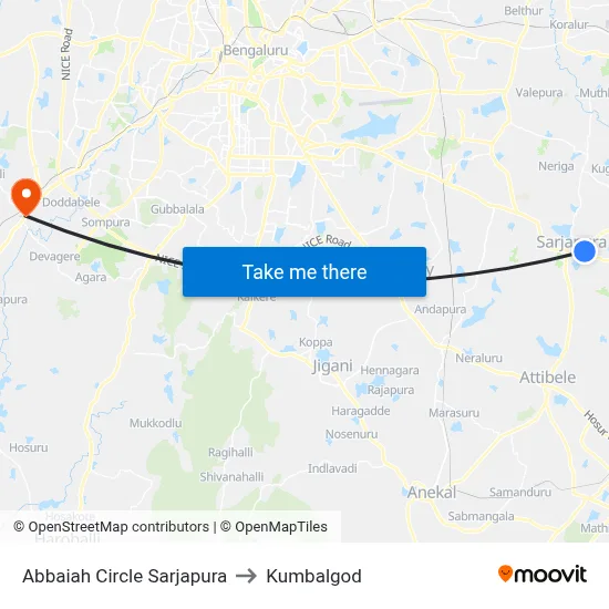 Abbaiah Circle Sarjapura to Kumbalgod map