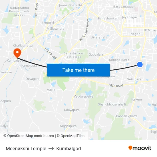 Meenakshi Temple to Kumbalgod map