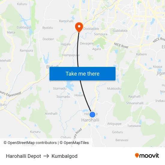Harohalli Depot to Kumbalgod map