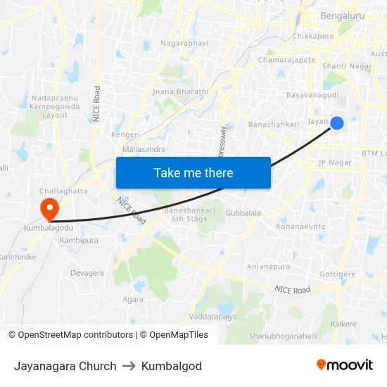 Jayanagara Church to Kumbalgod map