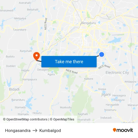 Hongasandra to Kumbalgod map