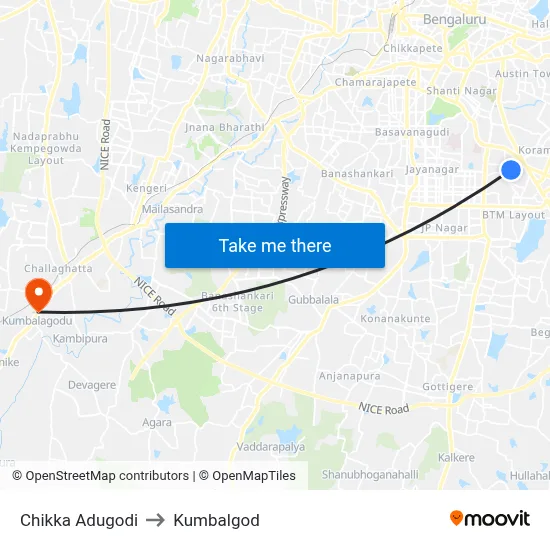 Chikka Adugodi to Kumbalgod map