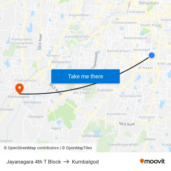 Jayanagara 4th T Block to Kumbalgod map