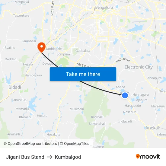 Jigani Bus Stand to Kumbalgod map