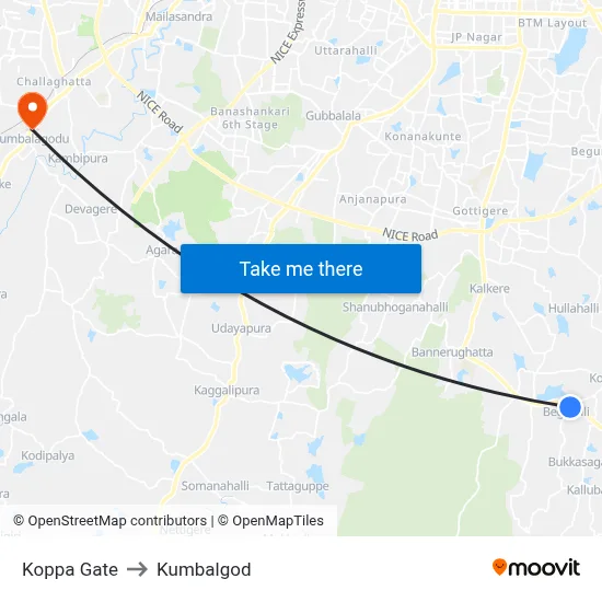 Koppa Gate to Kumbalgod map