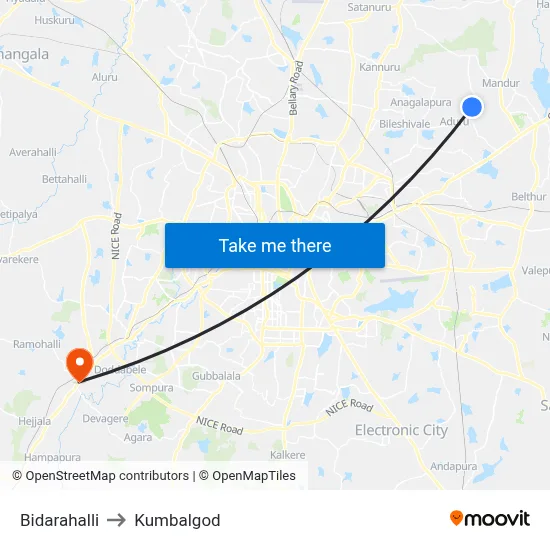 Bidarahalli to Kumbalgod map