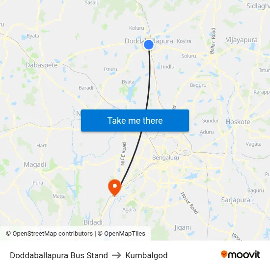 Doddaballapura Bus Stand to Kumbalgod map