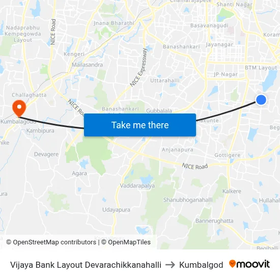 Vijaya Bank Layout Devarachikkanahalli to Kumbalgod map