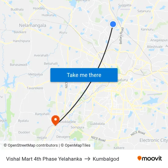 Vishal Mart 4th Phase Yelahanka to Kumbalgod map