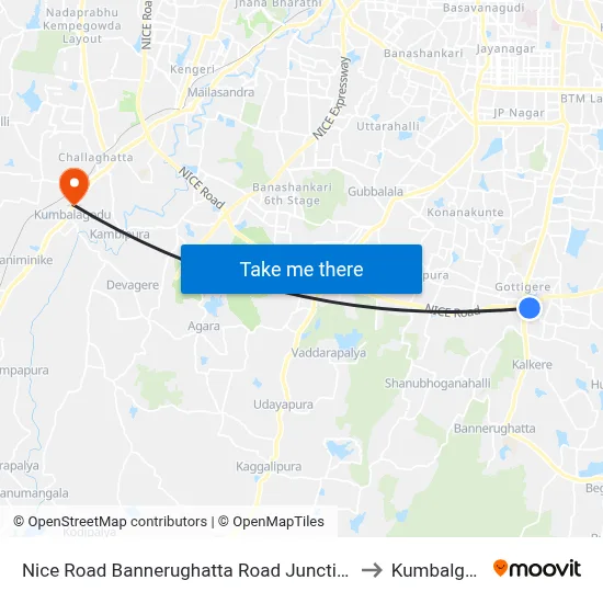 Nice Road Bannerughatta Road Junction to Kumbalgod map