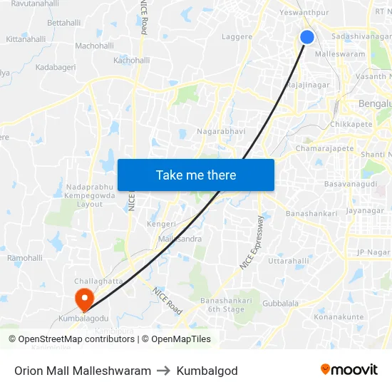 Orion Mall Malleshwaram to Kumbalgod map