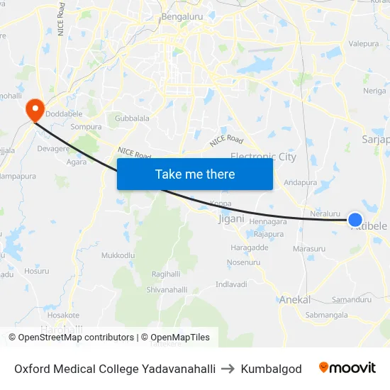 Oxford Medical College Yadavanahalli to Kumbalgod map