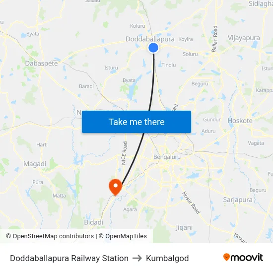 Doddaballapura Railway Station to Kumbalgod map