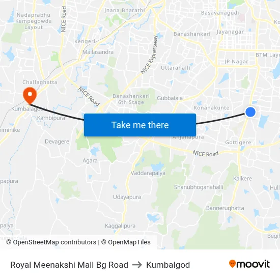 Royal Meenakshi Mall Bg Road to Kumbalgod map