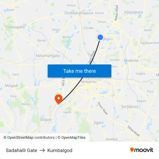 Sadahalli Gate to Kumbalgod map