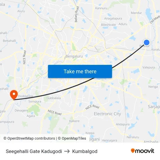 Seegehalli Gate Kadugodi to Kumbalgod map