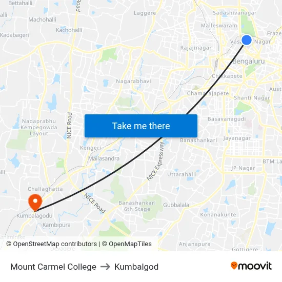 Mount Carmel College to Kumbalgod map