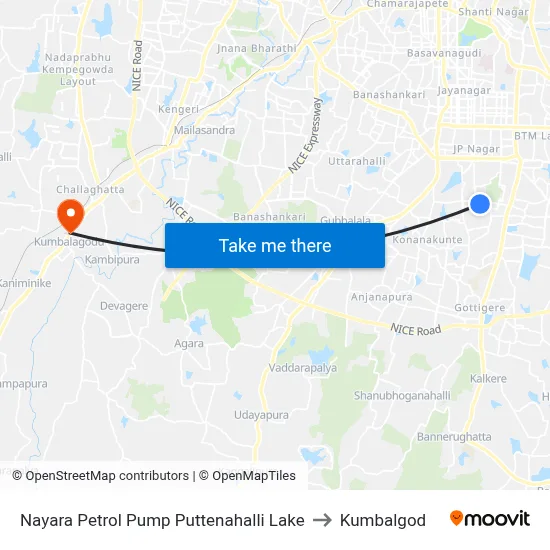 Nayara Petrol Pump Puttenahalli Lake to Kumbalgod map