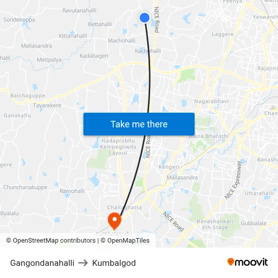 Gangondanahalli to Kumbalgod map