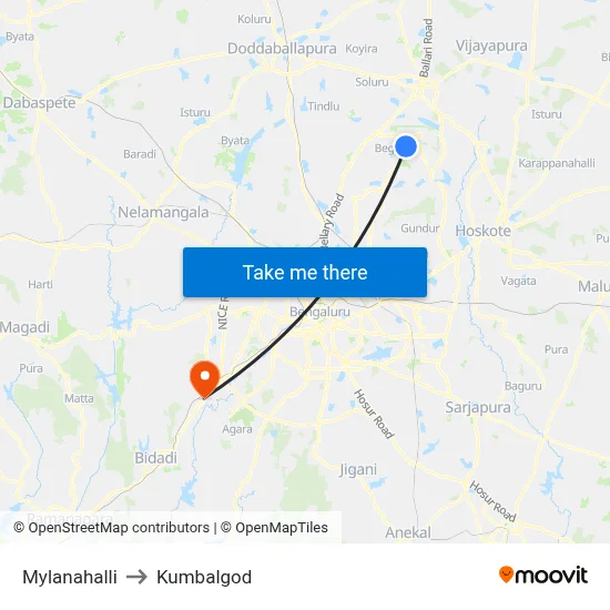 Mylanahalli to Kumbalgod map